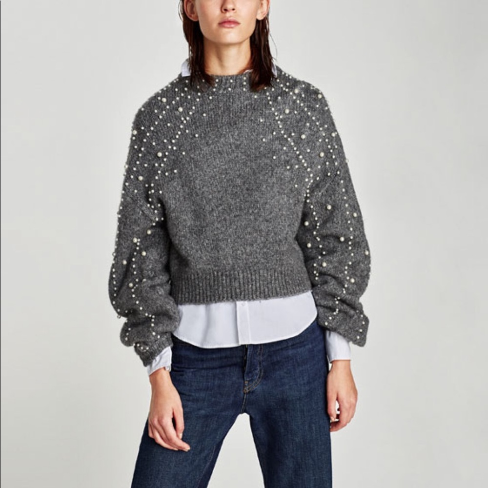 Zara Faux Pearl Crop Sweater Blogger Style Size S